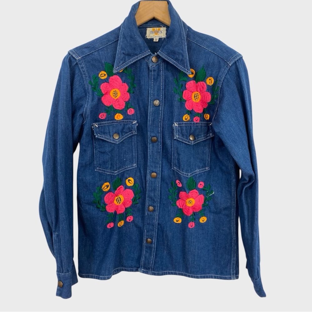 Vintage Natex Floral Embroidered Sanforized Cotton Denim Button Down Shirt Small - Picture 8 of 8